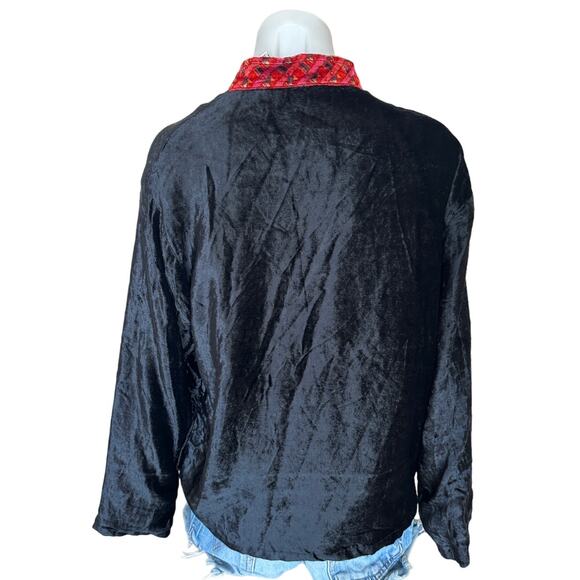 Chinese Embroidered Black Velvet Jacket LARGE Art to Wear Lagenlook White Stag - Picture 4 of 5